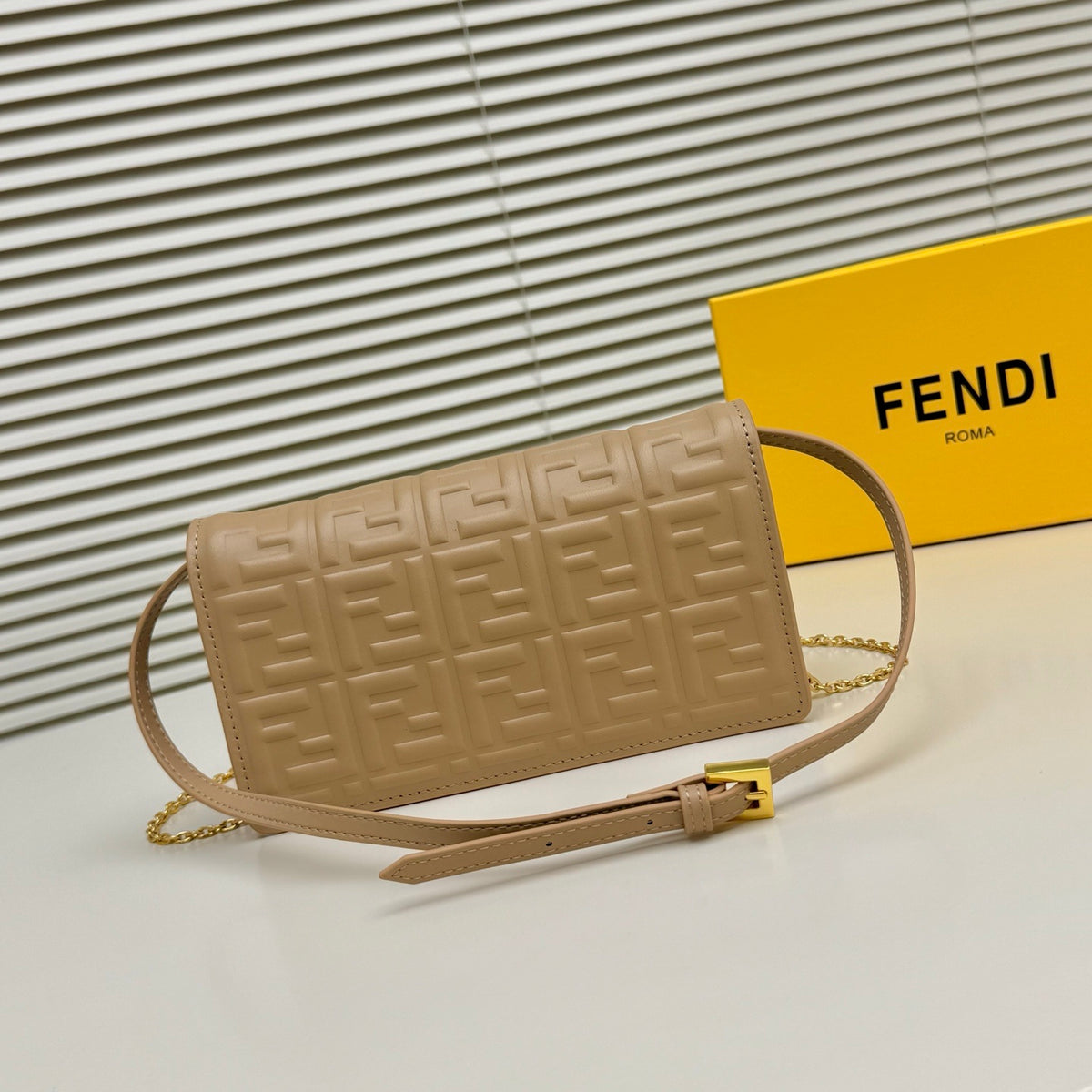Fendi Tube Wallet On Chain "Light Brown Nappa Leather Wallet with FF Motif"
