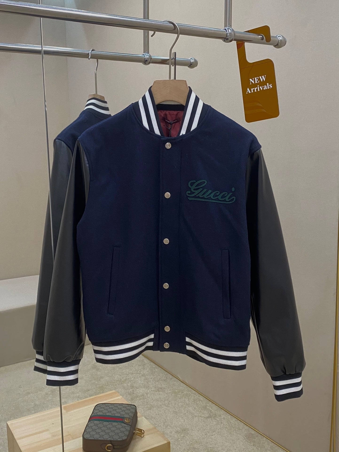 Gucci Wool & Leather Varsity Jacket "Navy Blue"