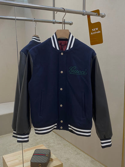 Gucci Wool & Leather Varsity Jacket "Navy Blue"