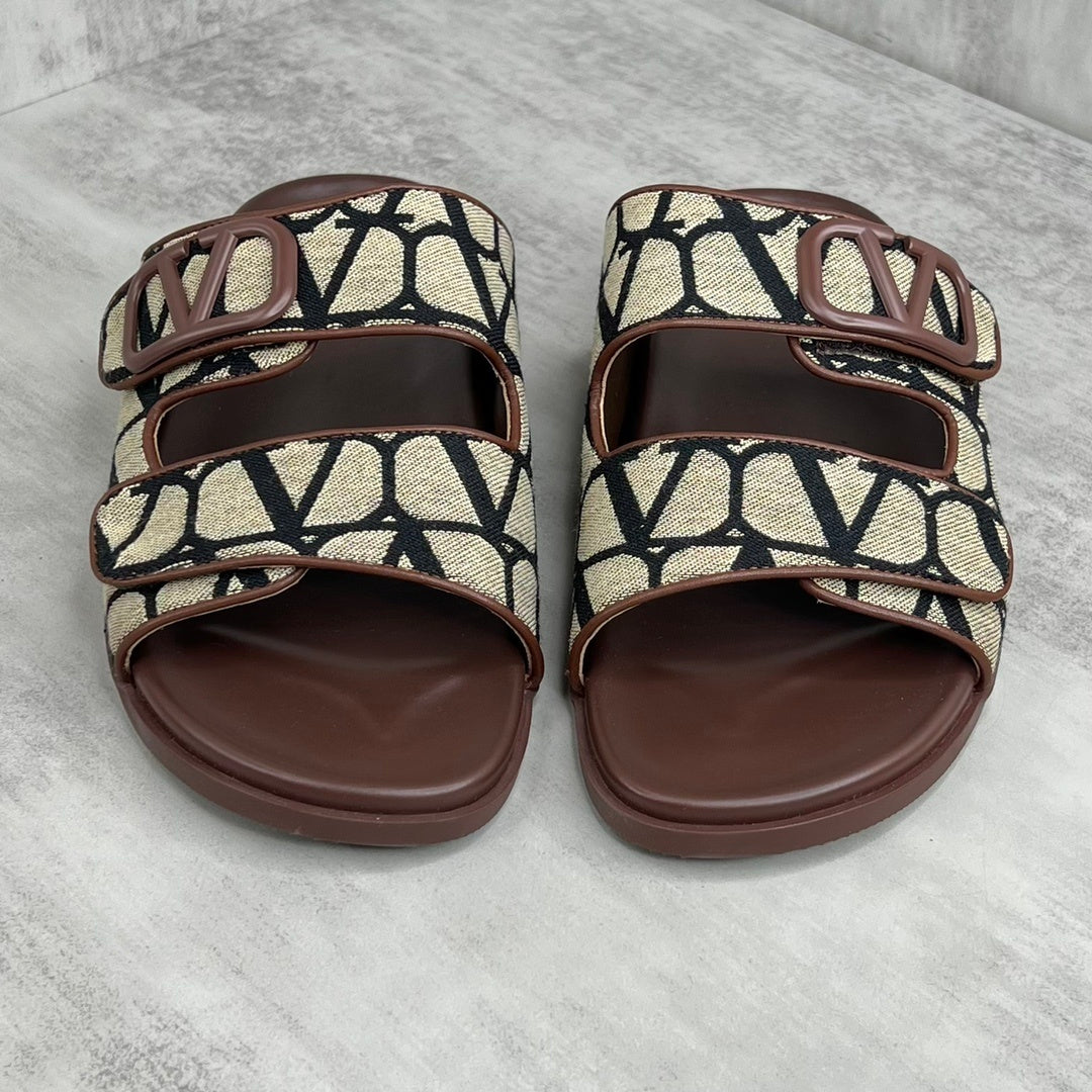 Valentino Garavani VLogo Toile Iconographe Double-Strap Sandals "Beige-Brown-Black"