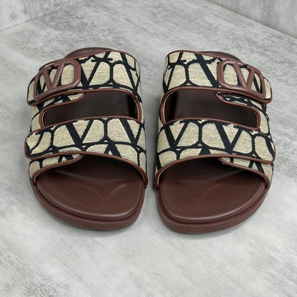 Valentino Garavani VLogo Toile Iconographe Double-Strap Sandals "Beige-Brown-Black"