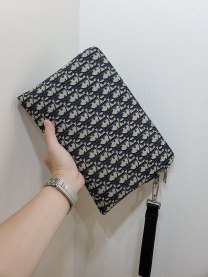 Dior A4 Zipped Pouch "Beige and Black Dior Oblique Jacquard"