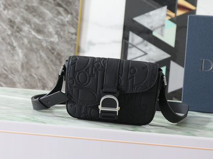 Dior Mini Saddle Heritage Messenger Bag with Flap "Black Dior Gravity Grained Leather"