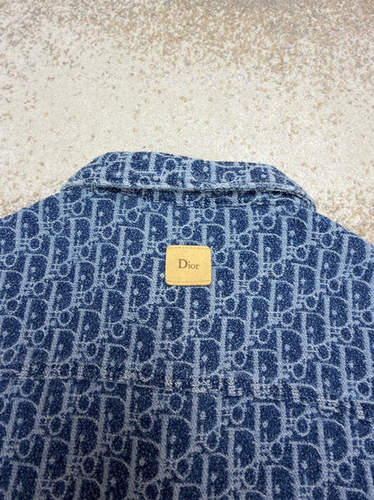 Dior Oblique Short-Sleeved Shirt "Blue Spongy Cotton-Blend Twill"