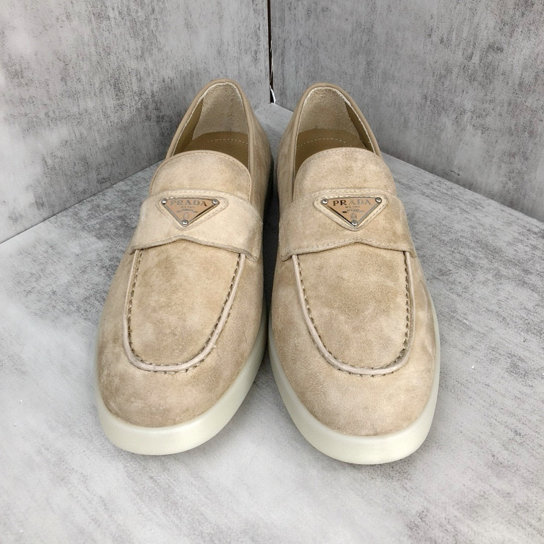 Prada Logo-Plaque Suede Loafers "Beige"