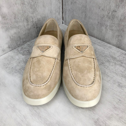 Prada Logo-Plaque Suede Loafers "Beige"