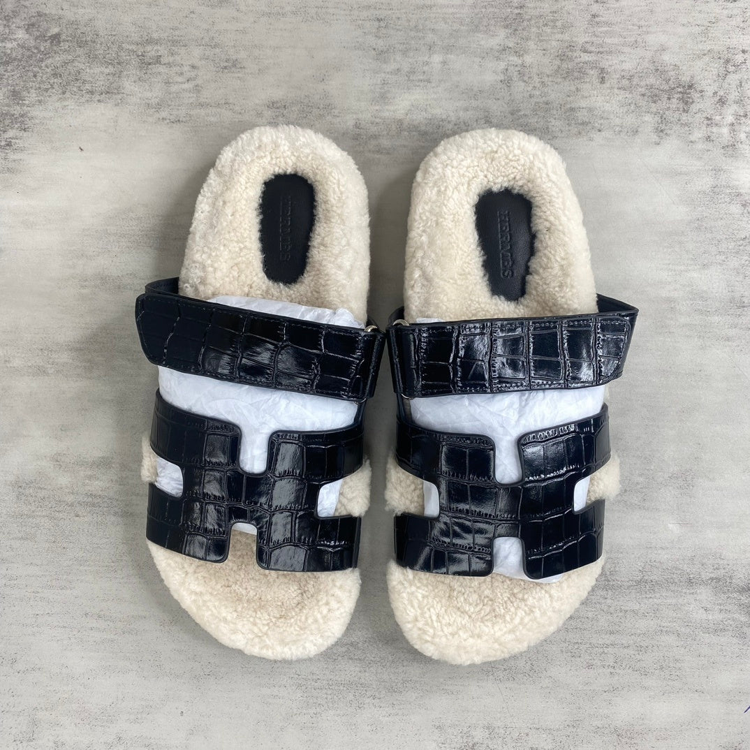 Hermes Chypre Sandals "Black Crocodile Pattern"