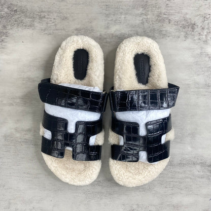 Hermes Chypre Sandals "Black Crocodile Pattern"