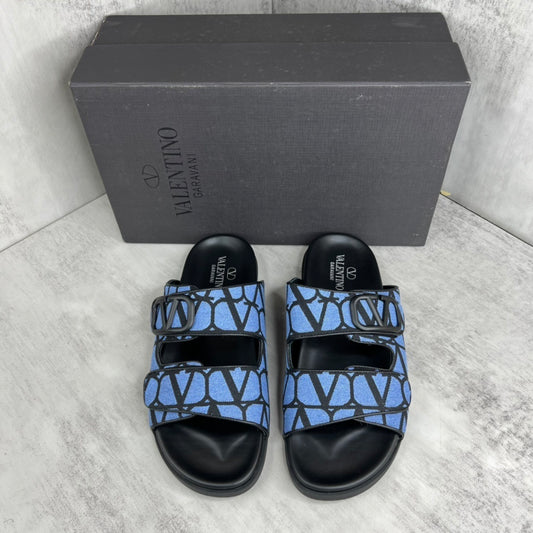 Valentino Garavani VLogo Toile Iconographe Double-Strap Sandals "Blue-Black"
