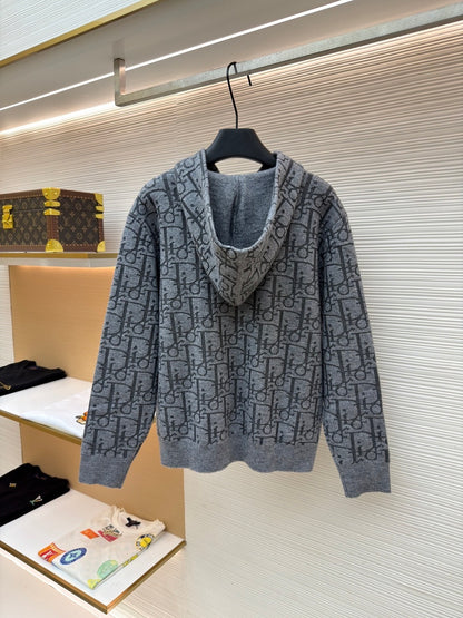Dior Hooded Zip-up Cardigan "Gray Dior Oblique Wool Blend Jacquard"
