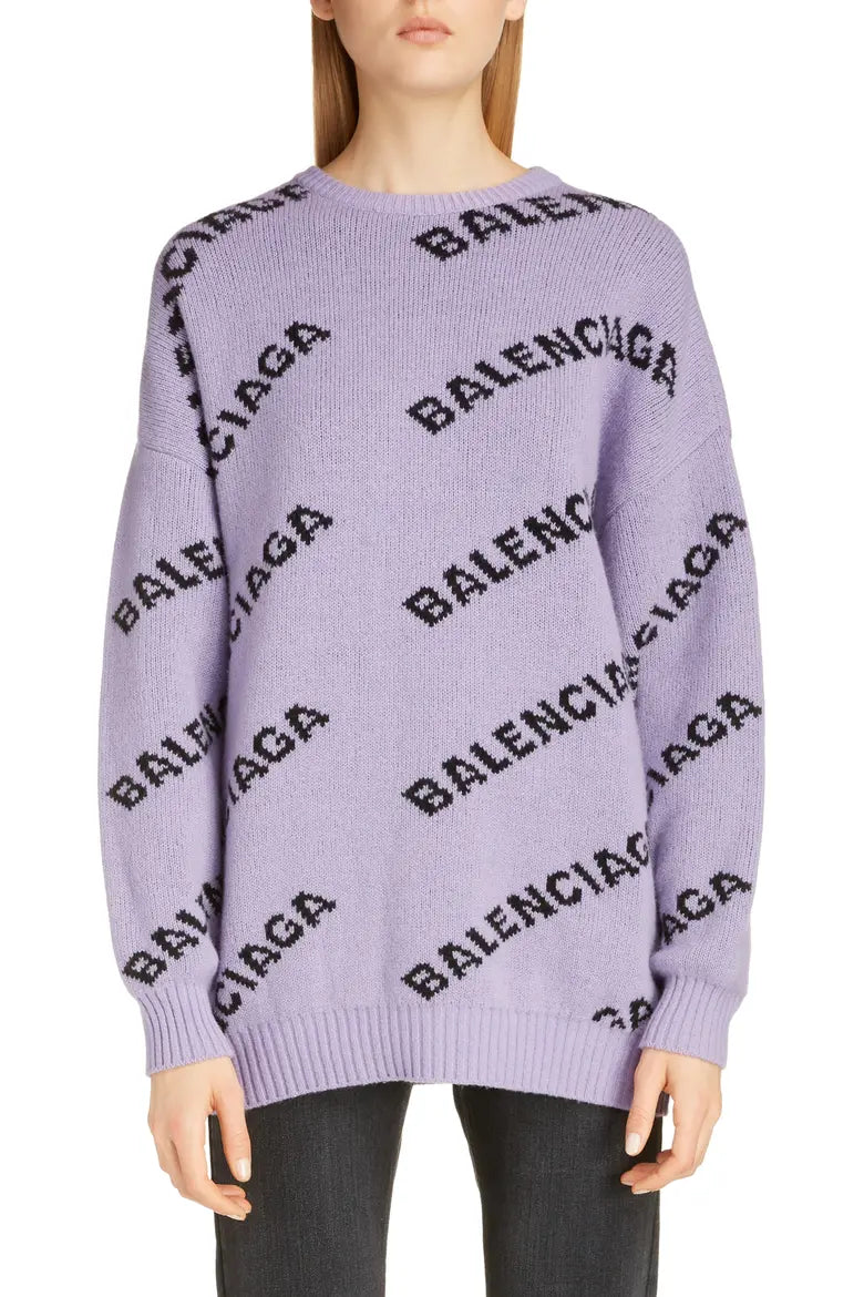 Balenciaga All-Over Logo Intarsia Knit Sweater "Lilac-Black"