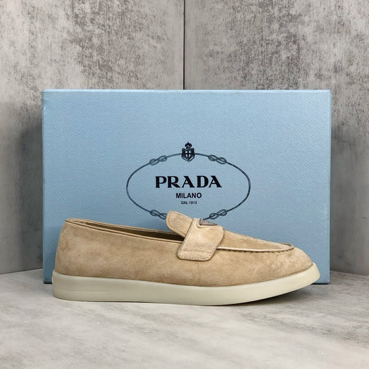 Prada Logo-Plaque Suede Loafers "Beige"