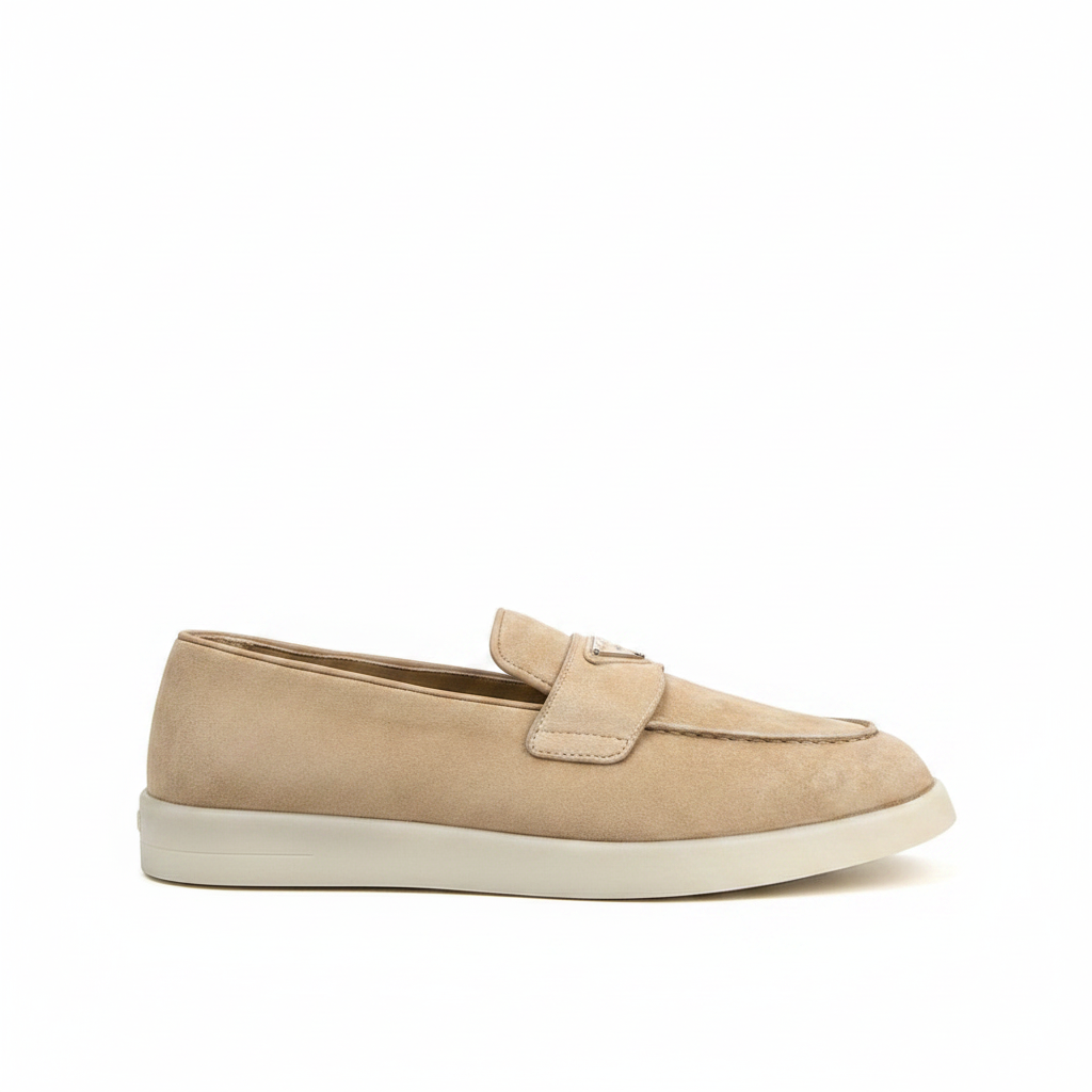 Prada Logo-Plaque Suede Loafers "Beige"