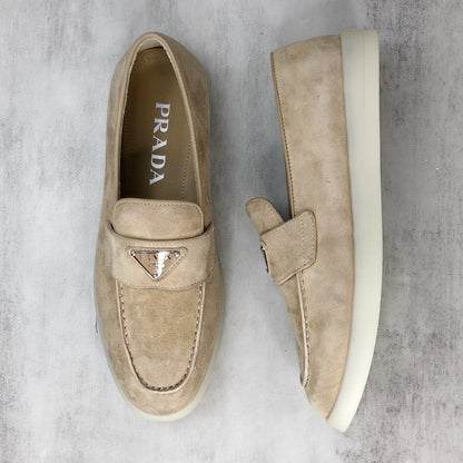 Prada Logo-Plaque Suede Loafers "Beige"