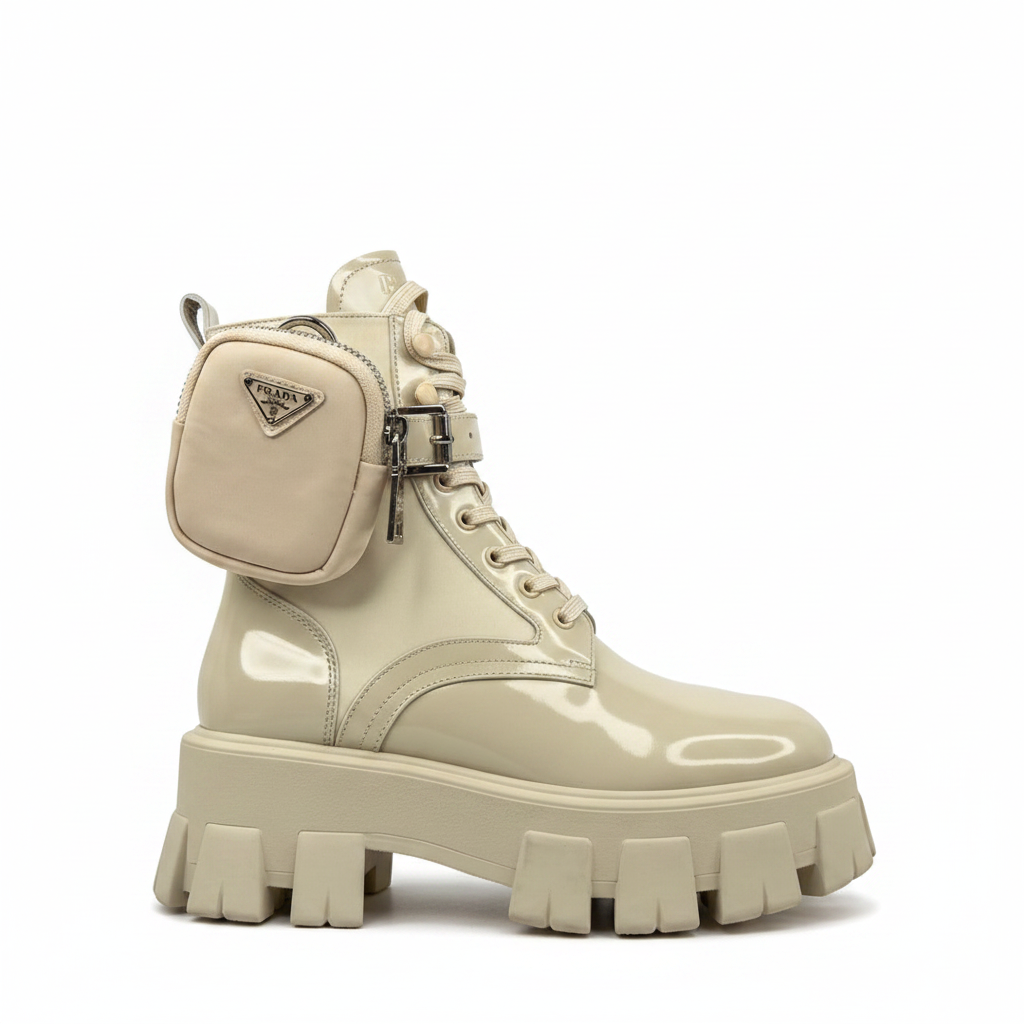 Prada Monolith Patent Leather Boots "Beige"