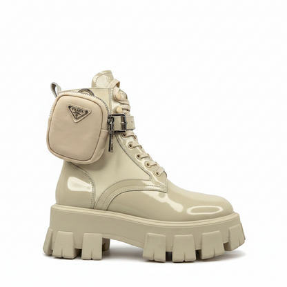 Prada Monolith Patent Leather Boots "Beige"