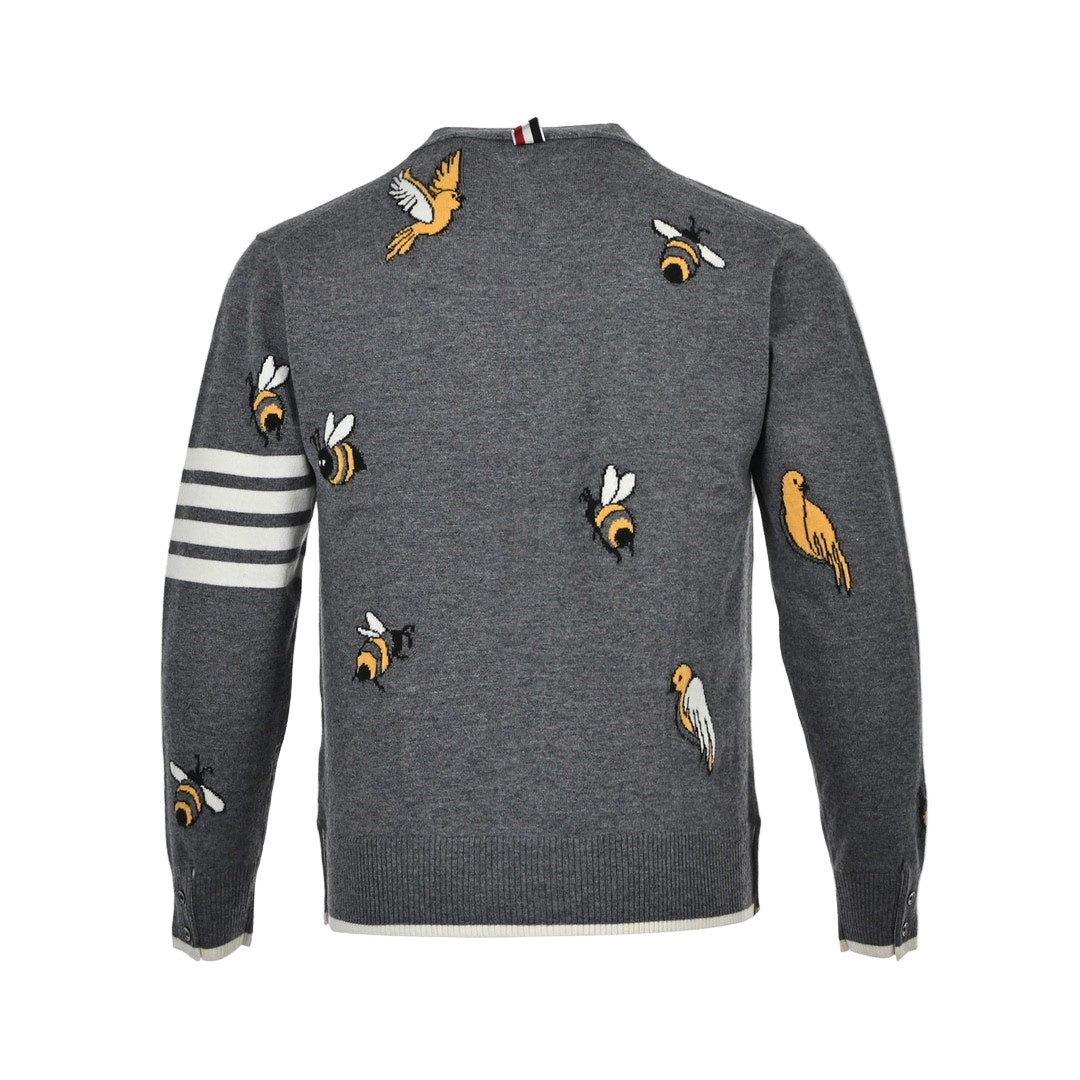 Thom Browne 4-Bar Bees and Birds Cardigan "Grey"