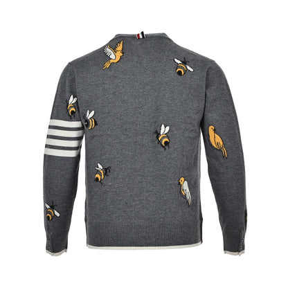 Thom Browne 4-Bar Bees and Birds Cardigan "Grey"