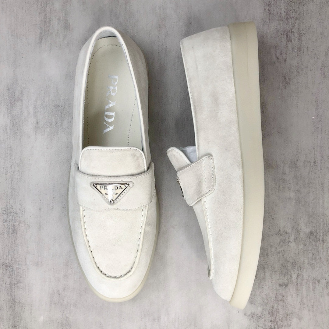 Prada Logo-Plaque Suede Loafers "White"