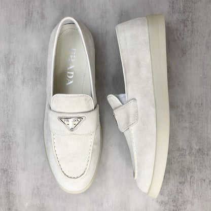 Prada Logo-Plaque Suede Loafers "White"