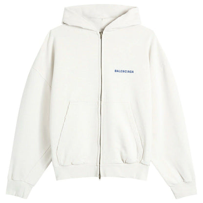 Balenciaga Logo Embroidered Distressed Zip-up Hoodie "White-Blue"