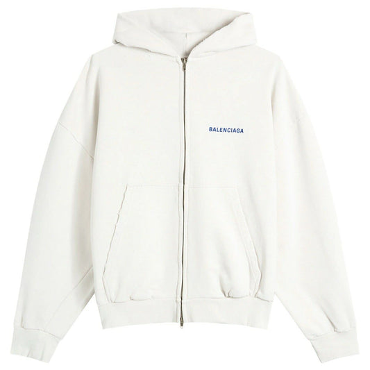 Balenciaga Logo Embroidered Distressed Zip-up Hoodie "White-Blue"