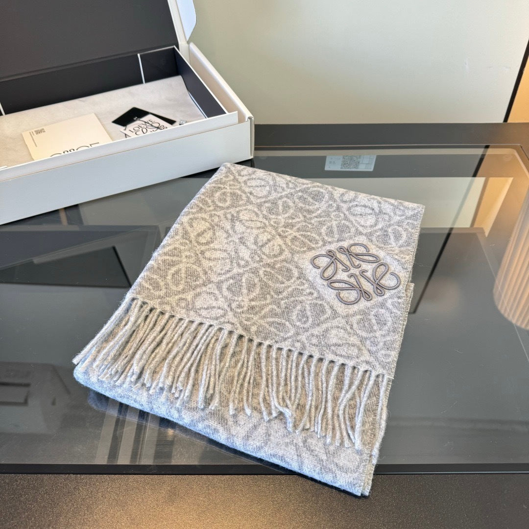 Loewe Anagram Wool and Cashmere Scarf "Grey-White"