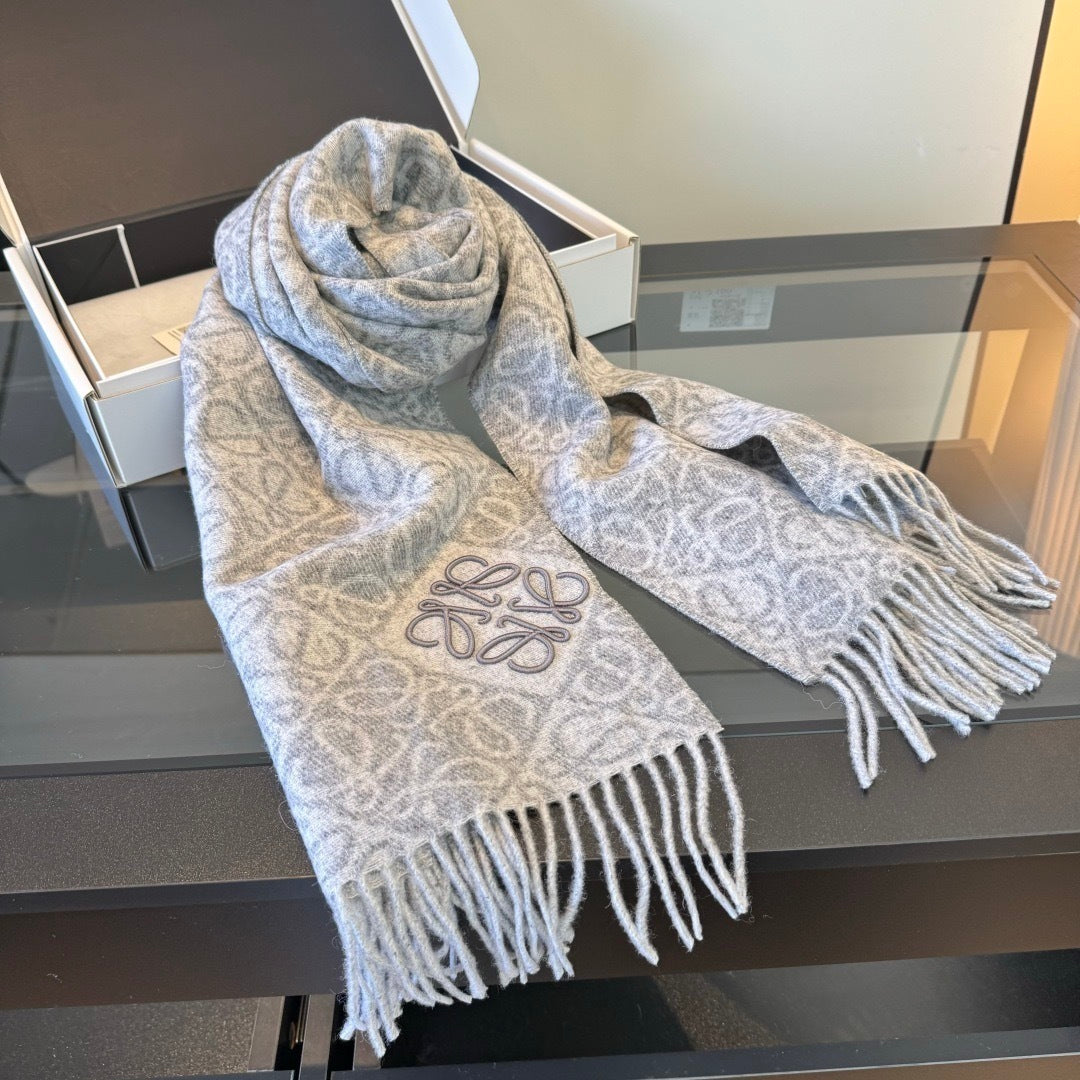 Loewe Anagram Wool and Cashmere Scarf "Grey-White"