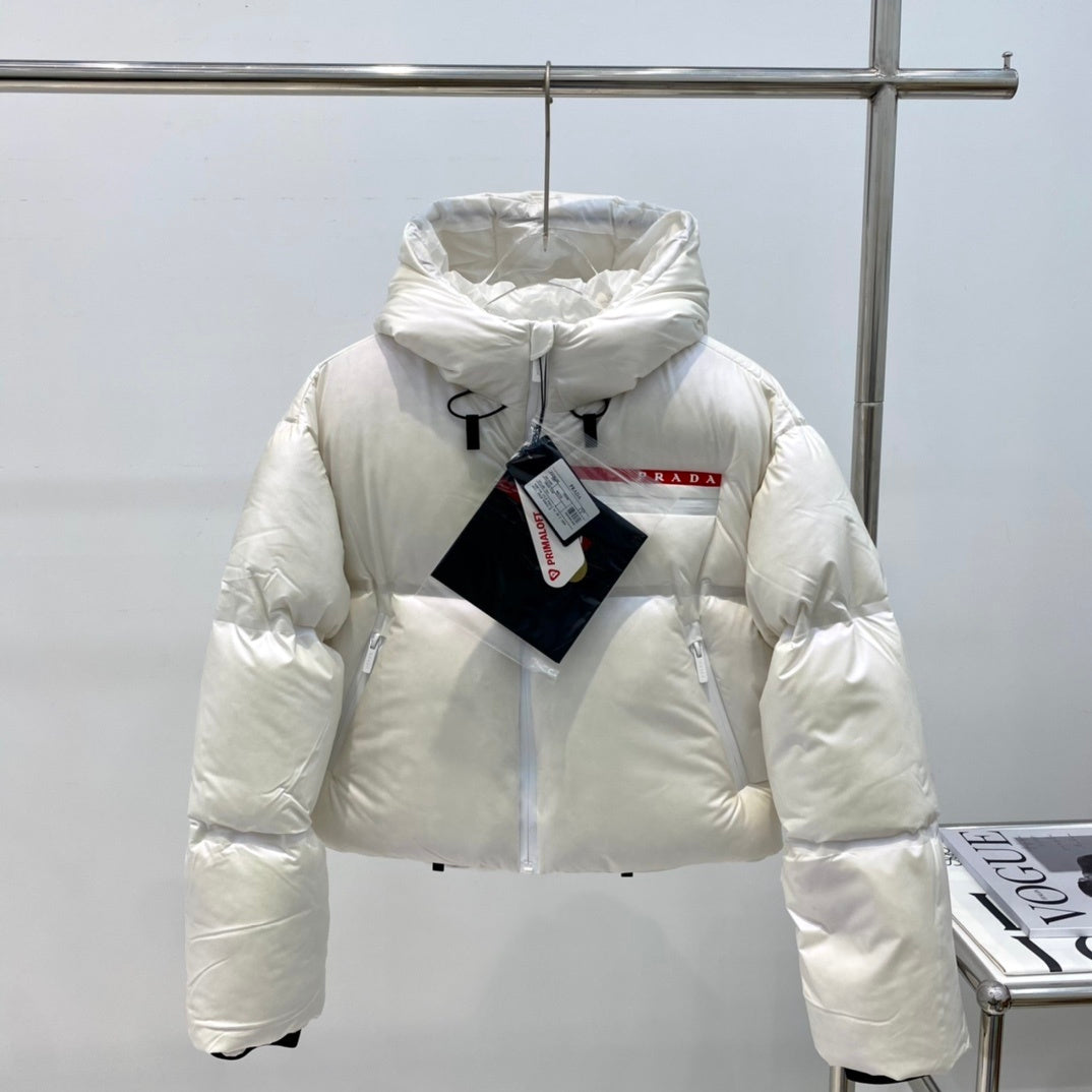 Prada Cropped Technical Re-Nylon Down Jacket "White"
