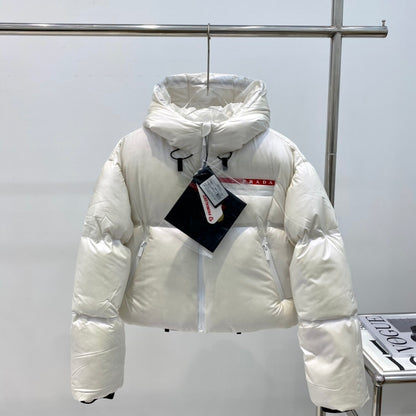 Prada Cropped Technical Re-Nylon Down Jacket "White"
