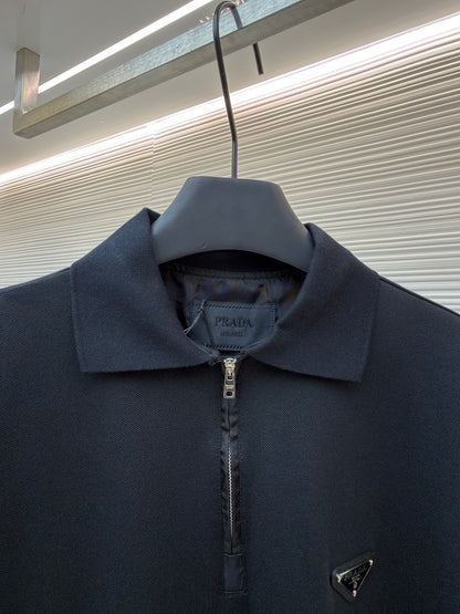 Prada Piqué Polo T-Shirt with Re-Nylon Details "Black"