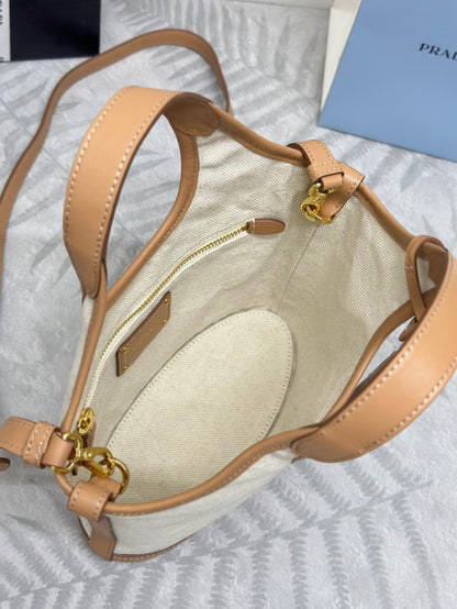 Prada Medium Linen Blend and Leather Tote Bag
