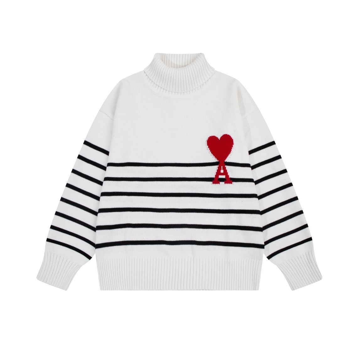 AMI Paris Ami De Coeur Funnel Neck Sweater "White-Black Stripes"