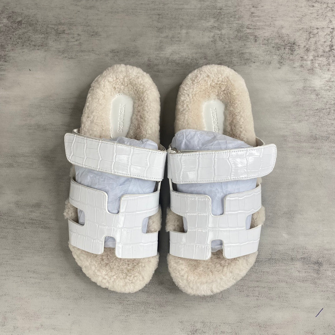 Hermes Chypre Sandals "White Crocodile Pattern"