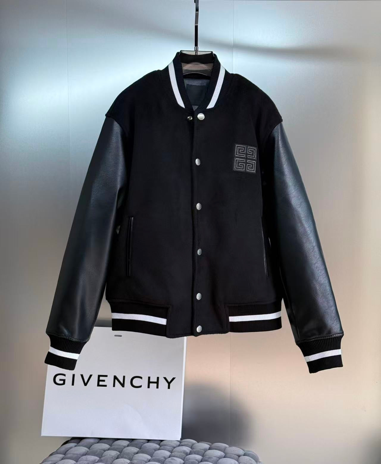 Givenchy 4G Motif Brushed Wool Blend and Leather Varsity Jacket "Black"