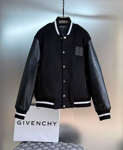 Givenchy 4G Motif Brushed Wool Blend and Leather Varsity Jacket "Black"