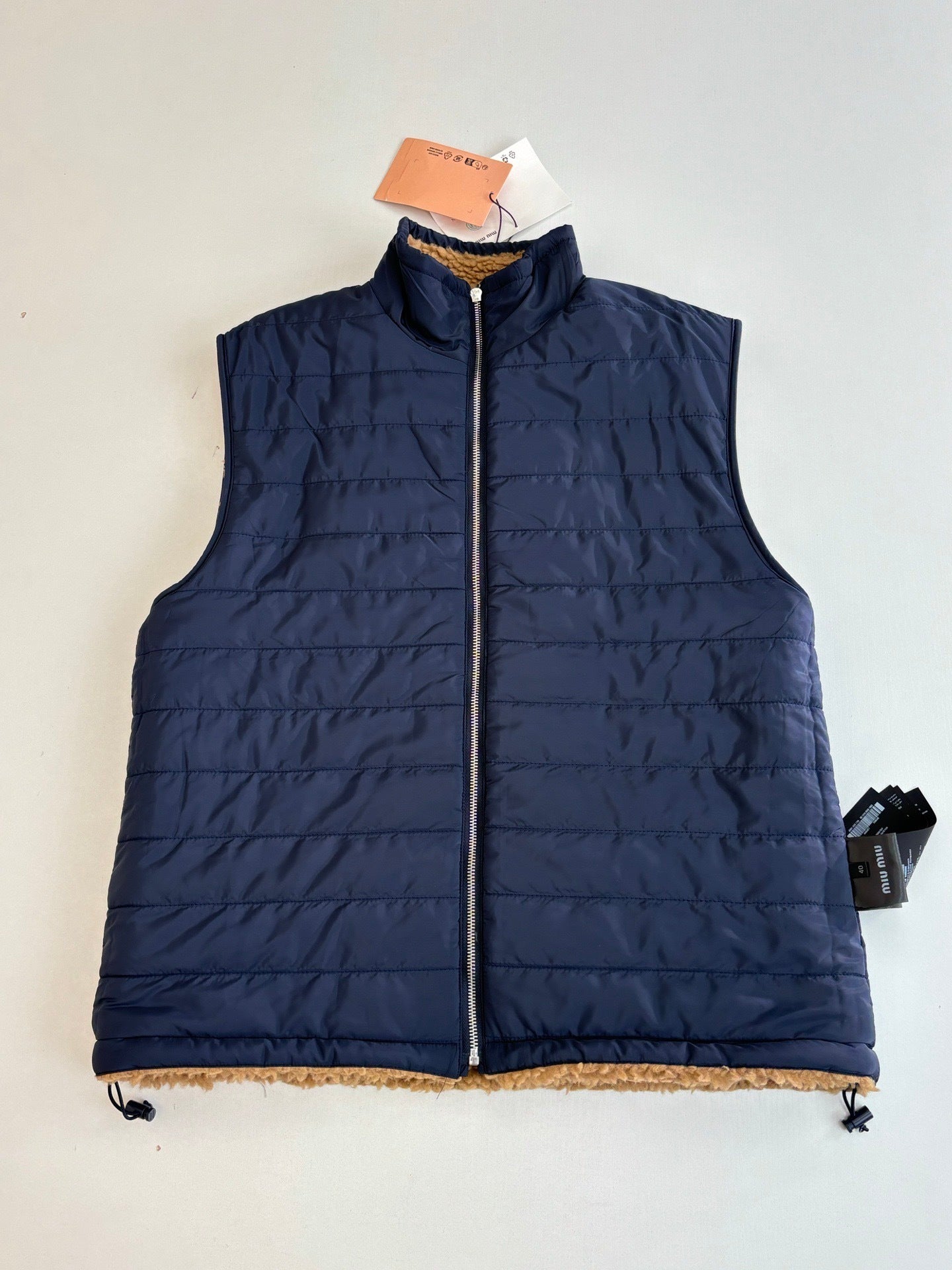 Miu Miu Reversible Teddy Down with Technical Pongé "Camel" and "Blue"