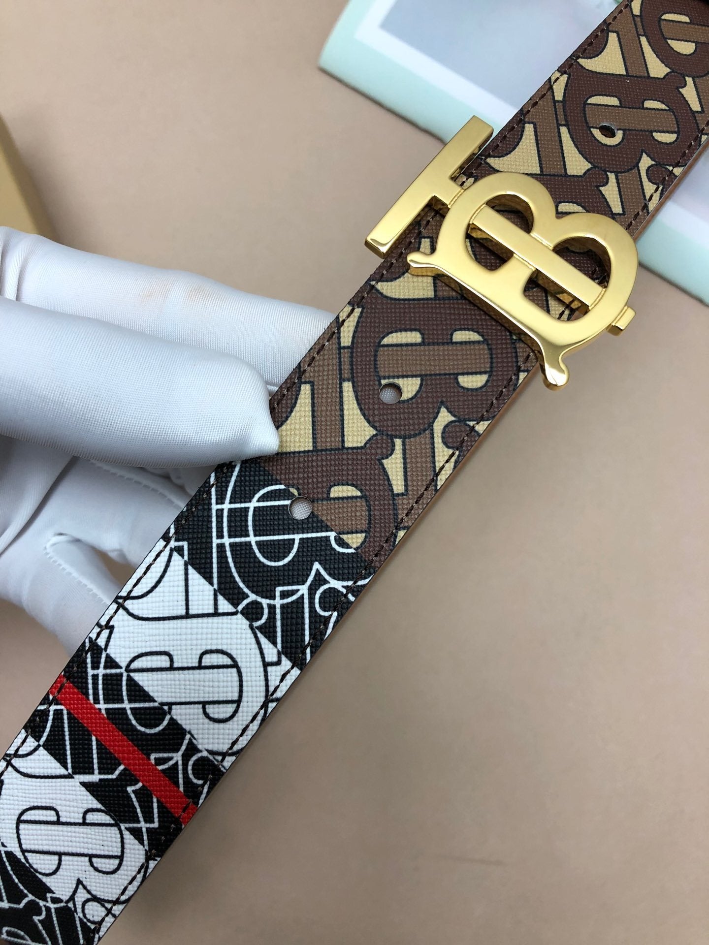 Burberry Monogram 35mm Stripe E-canvas and Leather Belt "Bridle Brown"