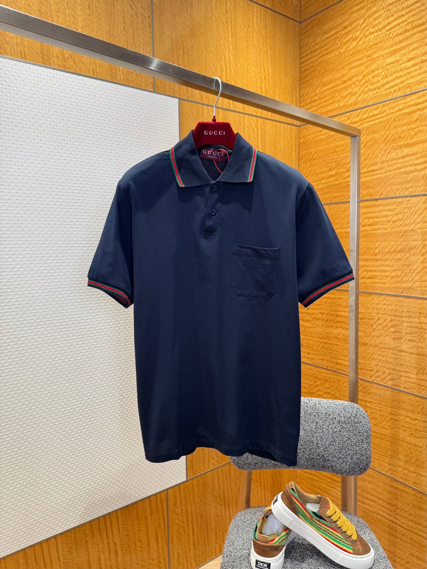 Gucci Embroidered Stretch Cotton Polo T-Shirt "Dark Blue"