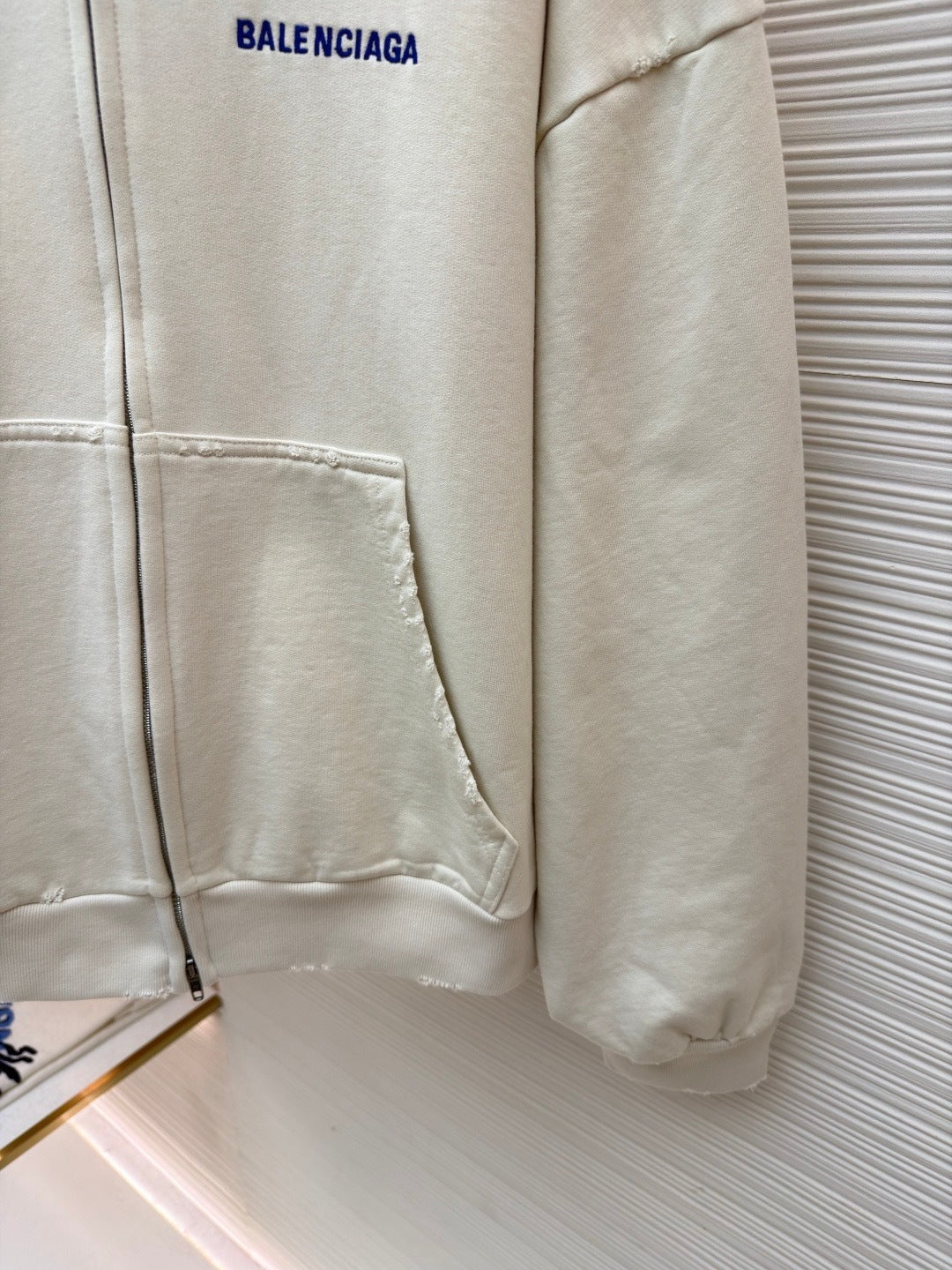 Balenciaga Logo Embroidered Distressed Zip-up Hoodie "White-Blue"