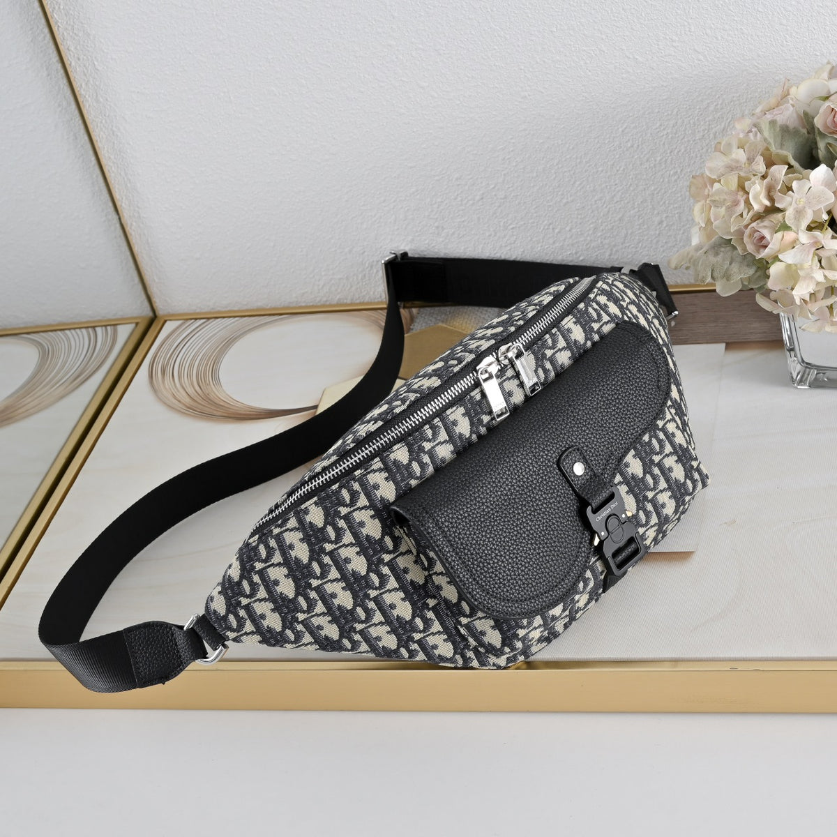 Dior Saddle Belt Bag "Dior Oblique Jacquard in Beige and Black and Grained Calfskin in Black"