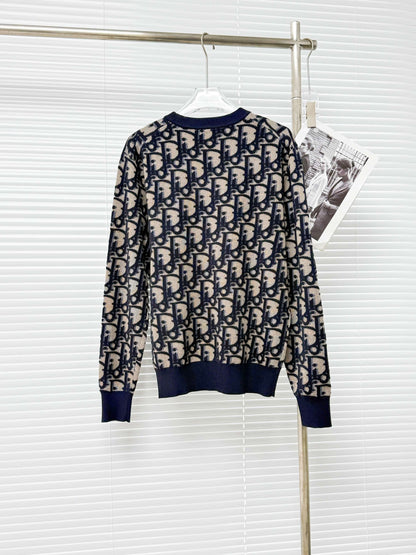 Dior Oblique Sweater "Blue Cotton-Wool-Silk-Blend Jacquard"