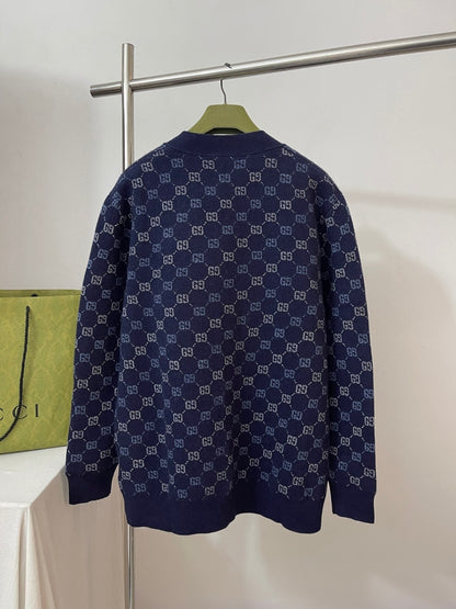 Gucci GG Double Wool Knit Cardigan "Dark Blue"