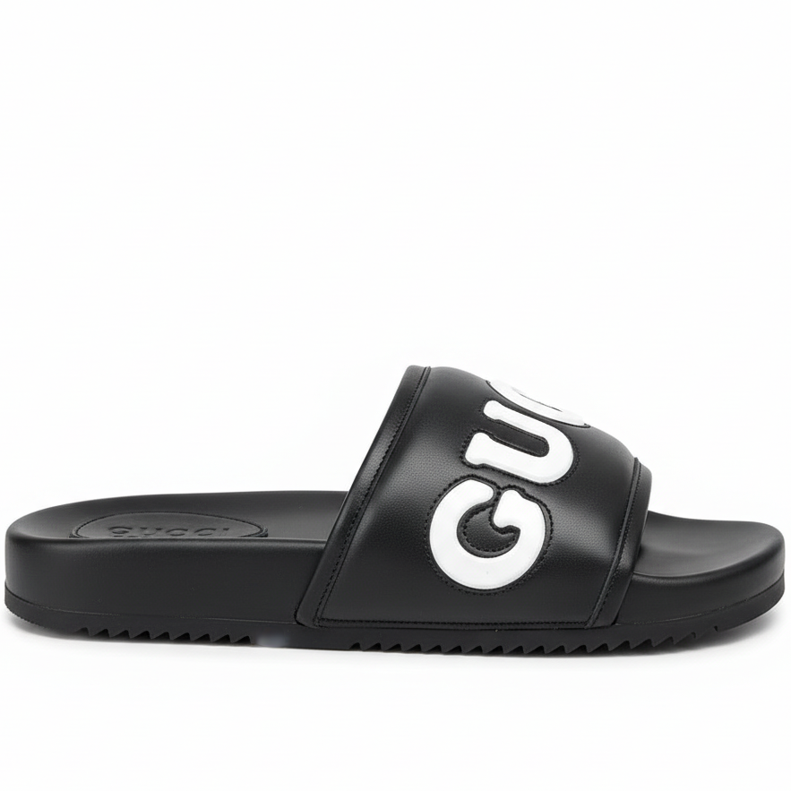 Gucci Logo Leather Slides "Black"