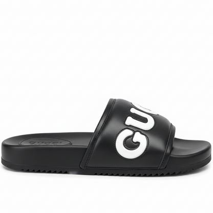 Gucci Logo Leather Slides "Black"