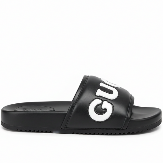 Gucci Logo Leather Slides "Black"