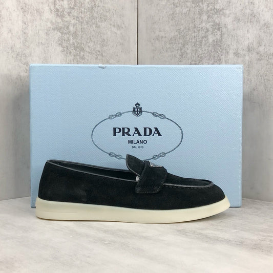 Prada Logo-Plaque Suede Loafers "Black"