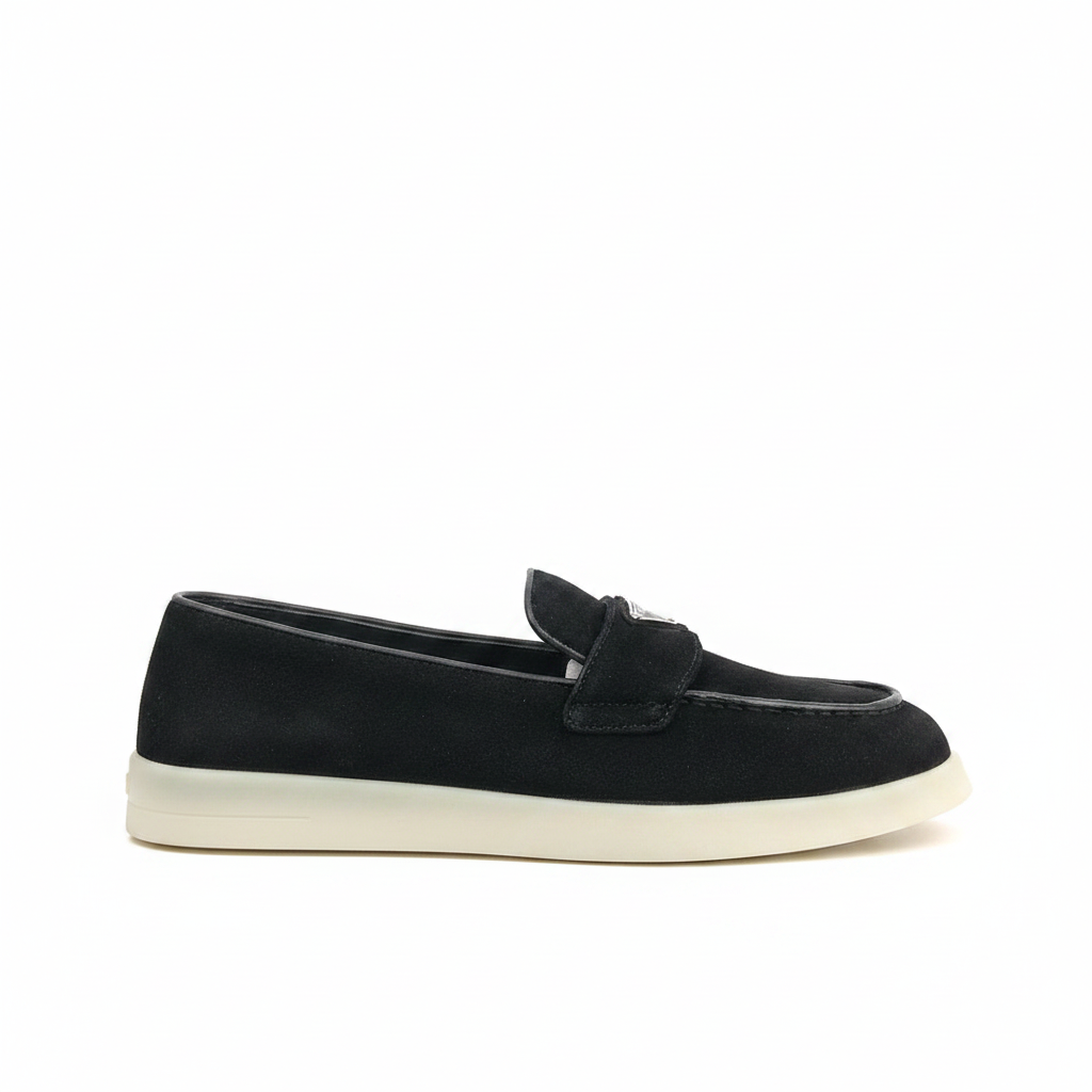 Prada Logo-Plaque Suede Loafers "Black"