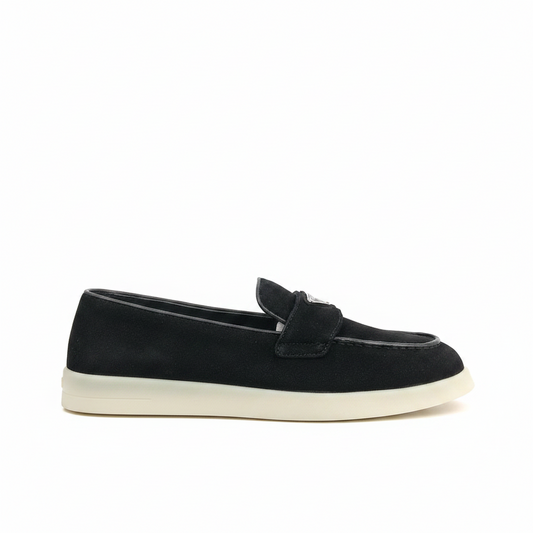 Prada Logo-Plaque Suede Loafers "Black"