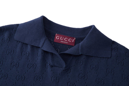 Gucci GG Pointelle Cotton Silk Polo Shirt "Blue"